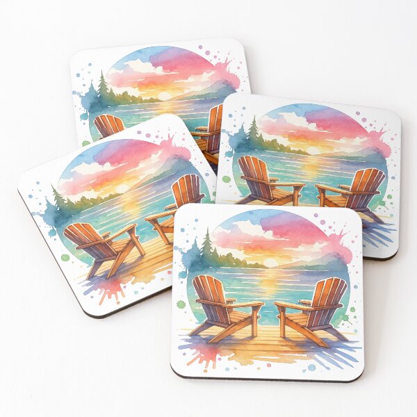 Item preview, Watercolor Lake Sunset with Adirondack Chairs designed and sold by ArtfulWeave.