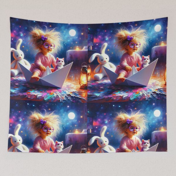 Item preview, Dreaming Girl in Paper Ship – Magical Night with Plushies and Kitty designed and sold by EmeraldeaArt.