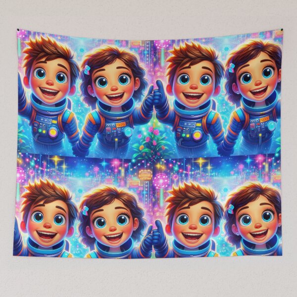 Item preview, Two Cute Astronaut Kids Hand in Hand – Neon City Adventure designed and sold by EmeraldeaArt.