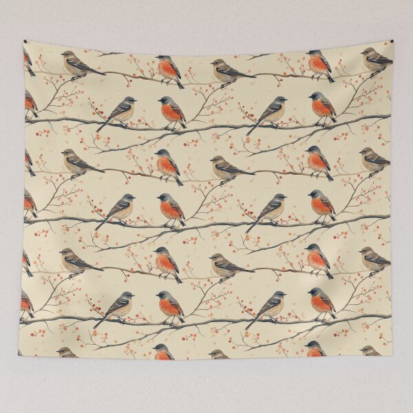 Item preview, Watercolor Birds on Branches with Autumn Berries Pattern designed and sold by NTGUILTY.
