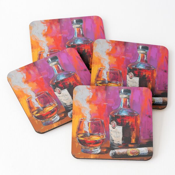 Item preview, Immerse in Warm Elegance - Whiskey Glass with Smoke and Cigar Against a Bold Colorful Background designed and sold by OlfactoART Studio.