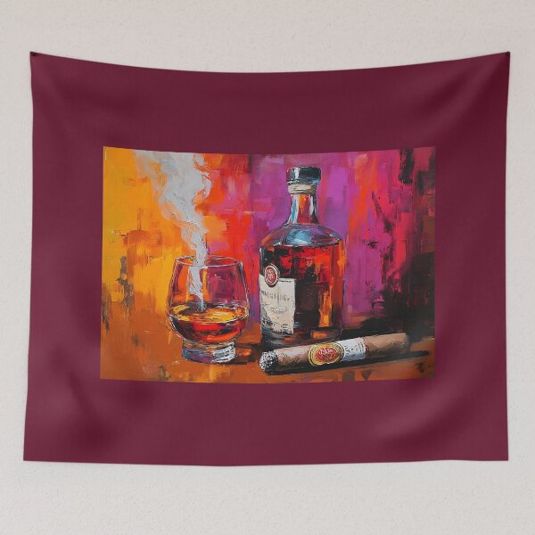 Item preview, Immerse in Warm Elegance - Whiskey Glass with Smoke and Cigar Against a Bold Colorful Background designed and sold by OlfactoART Studio.