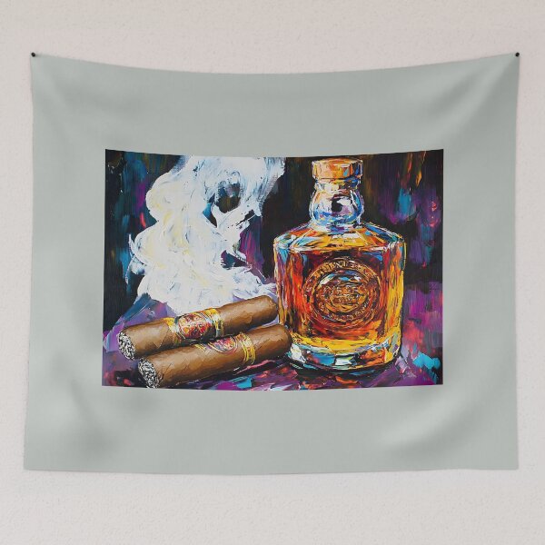 Item preview, Indulge in Timeless Elegance - Whiskey and Cigars Set Against a Vibrant Swirling Backdrop designed and sold by OlfactoART Studio.