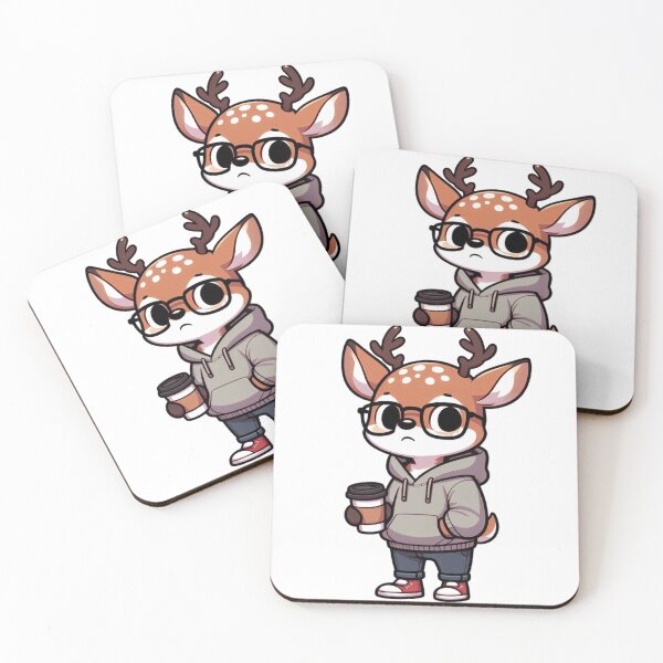 Item preview, Cartoon Deer in Glasses Holding Coffee and Wearing Hoodie designed and sold by Confuzz1ed.
