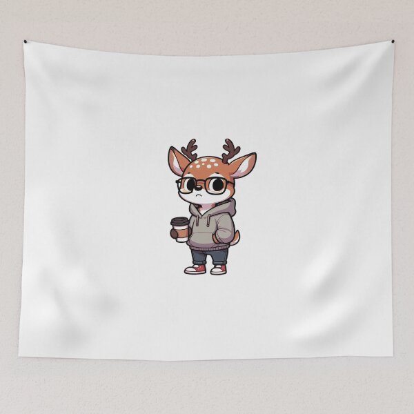 Item preview, Cartoon Deer in Glasses Holding Coffee and Wearing Hoodie designed and sold by Confuzz1ed.