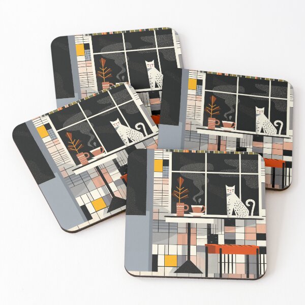 Item preview, Retro Illustration of Cat in Coffee Shop with Coffee Cup designed and sold by WykroMerch.