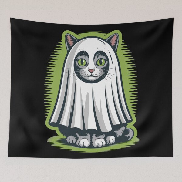 Item preview, Ghostly Purr – Cute Cat in Ghost Costume Illustration designed and sold by bimumonji.