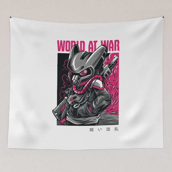 Item preview, "WORLD AT WAR" – Futuristic Mecha Warrior with Rifle & Energy Burst designed and sold by TeesHearts100.