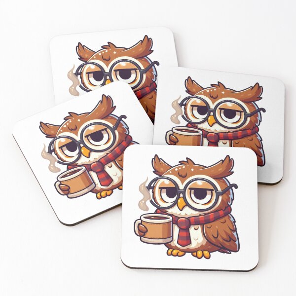 Item preview, Sleepy Cartoon Owl with Round Glasses and a Coffee Cup designed and sold by Confuzz1ed.