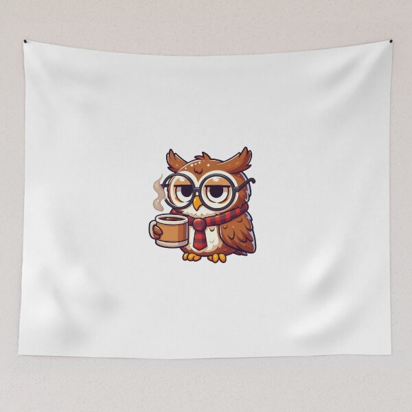 Item preview, Sleepy Cartoon Owl with Round Glasses and a Coffee Cup designed and sold by Confuzz1ed.