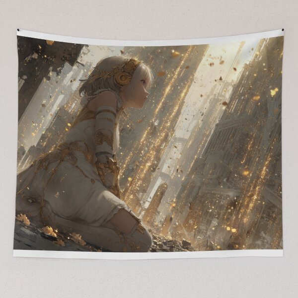 Item preview, Golden Fantasy Girl in Ruined Cathedral – Enchanted Anime Art designed and sold by Tommy Studio.