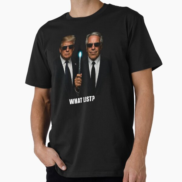 Vista previa del artículo con la obra «¿Qué lista? Donald Trump con Jeffrey Epstein», diseñado y vendido por LeoDaVinki.