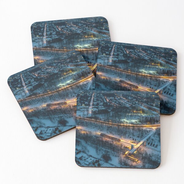 Item preview, Aerial View of Snowy Suburban Train Station at Dusk in Łódź designed and sold by minstr3l.