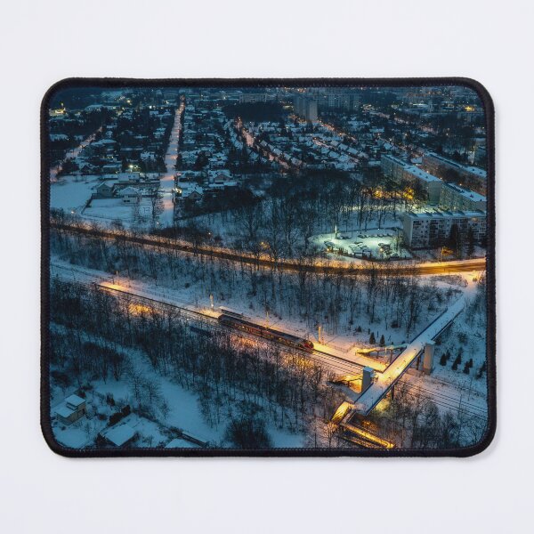 Item preview, Aerial View of Snowy Suburban Train Station at Dusk in Łódź designed and sold by minstr3l.