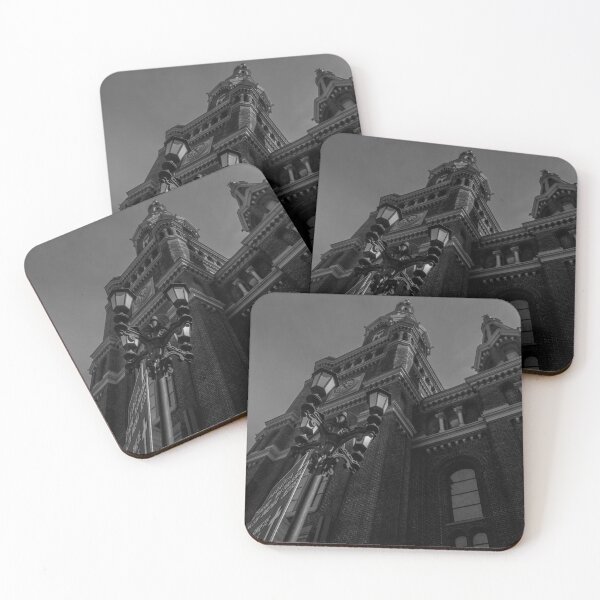Item preview, Upward View of Neo-Gothic Church Towers and Streetlamp in Monochrome designed and sold by minstr3l.