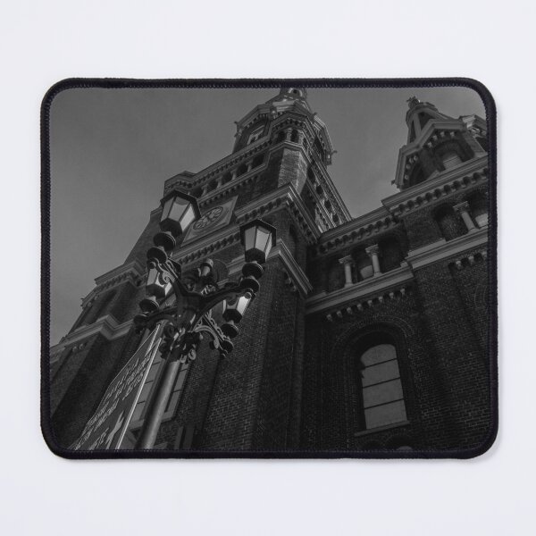 Item preview, Upward View of Neo-Gothic Church Towers and Streetlamp in Monochrome designed and sold by minstr3l.