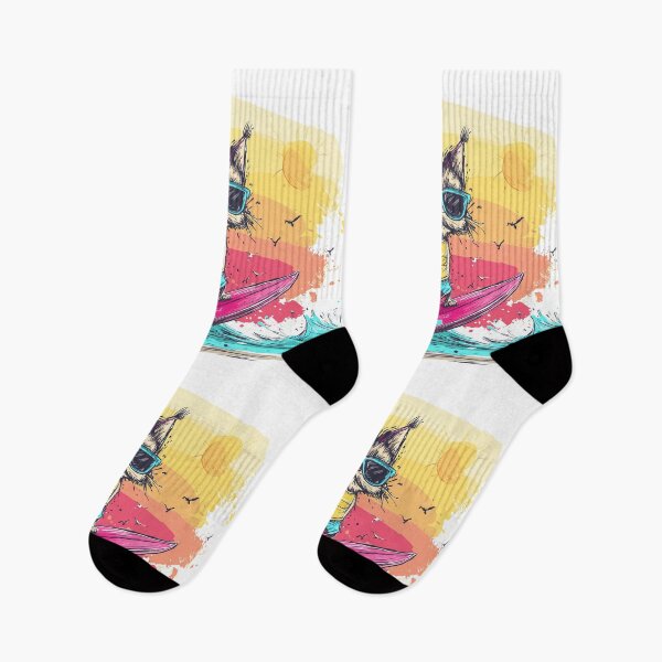 Item preview, Cartoon Surfing Cat | Tropical Sunset Fun Art designed and sold by MiraCatMiraCle.