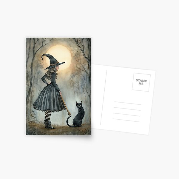 Item preview, Witch and Feline Companion in Enchanted Forest designed and sold by WhimsyWink.