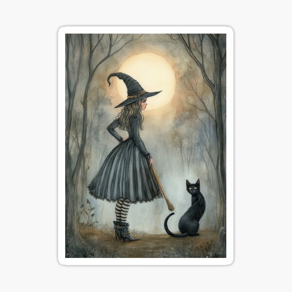 Item preview, Witch and Feline Companion in Enchanted Forest designed and sold by WhimsyWink.