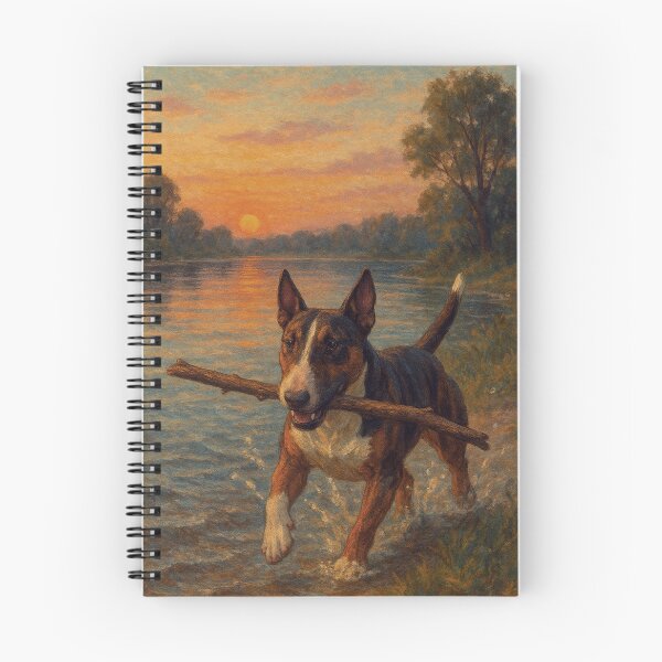 Item preview, River Fetch at Sunset – Bull Terrier Adventure designed and sold by Kenny8716.