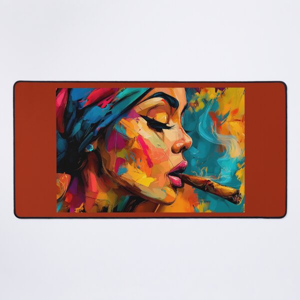 Item preview, Celebrate Bold Femininity - Striking Woman Smoking Cigar Amid Vibrant Blues, Oranges, and Reds designed and sold by OlfactoART Studio.