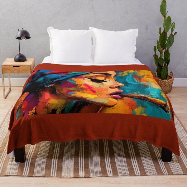 Item preview, Celebrate Bold Femininity - Striking Woman Smoking Cigar Amid Vibrant Blues, Oranges, and Reds designed and sold by OlfactoART Studio.