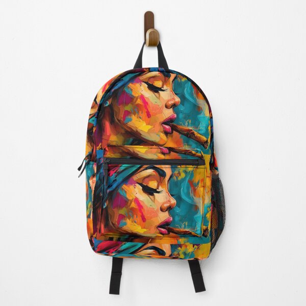 Item preview, Celebrate Bold Femininity - Striking Woman Smoking Cigar Amid Vibrant Blues, Oranges, and Reds designed and sold by OlfactoART Studio.
