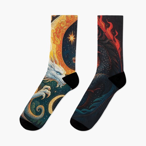 Artikelvorschau, Yin Yang Drachen – Feuer und Eis Fantasy Kunst, Himmlische Dualität Wanddekoration entworfen und verkauft von Gold Turtle Lina.