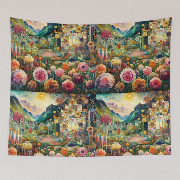 Item preview, Symbolist Floral Garden with Palace – Klimt-Inspired Art Nouveau Scene designed and sold by EmeraldeaArt.