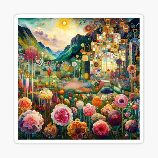 Aperçu de l'œuvre Jardin floral symboliste avec palais – Scène Art nouveau inspirée de Klimt créée et vendue par EmeraldeaArt.
