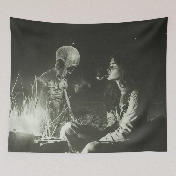 Item preview, Smoking with an Alien – Surreal Night Encounter Art designed and sold by Not Hugo.