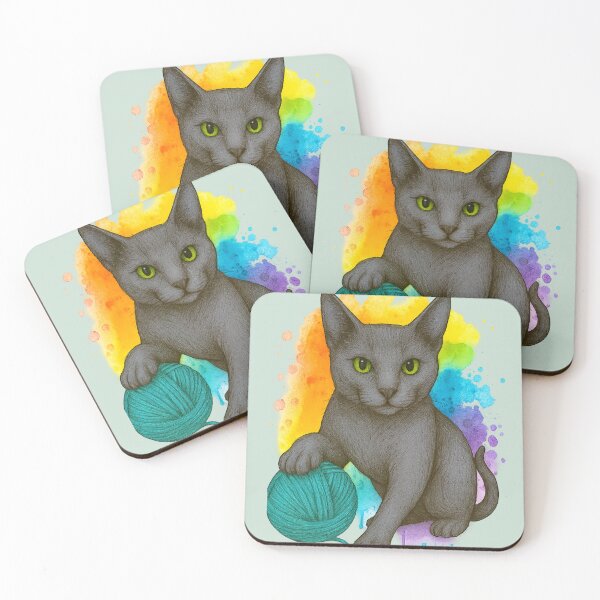 Item preview, Russian Blue Cat with Turquoise Ball and Rainbow Watercolor Background designed and sold by Idelab-11.