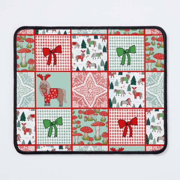 Item preview, Cottagecore patchwork quilt for Christmas with Shetland ponies and gingham designed and sold by MagentaRose.