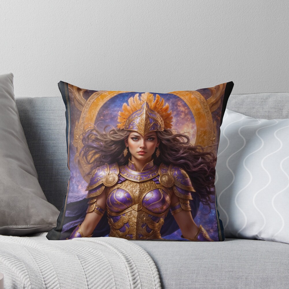 Lyraethia Aeraviel, Celestial Guardian Golden Portrait Stunning AI Concept Art by Xzendor7 Decorative Art Print Throw Pillow