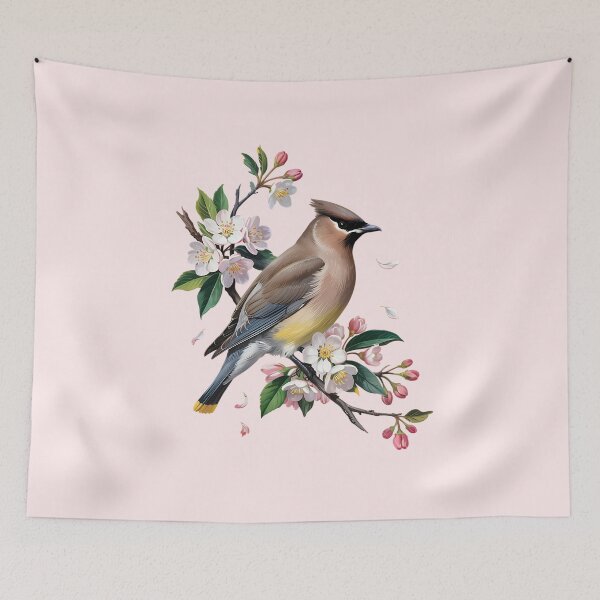 Item preview, Cedar Waxwing Among Pink Blossoms and Spring Leaves designed and sold by BirdsnStuff.