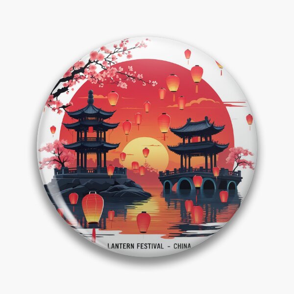 Item preview, Lantern Festival – Retro Flat Vector of Chinese Sky Lanterns, Pagoda & Cherry Blossoms | China Celebration Art designed and sold by LoliDesignShop.