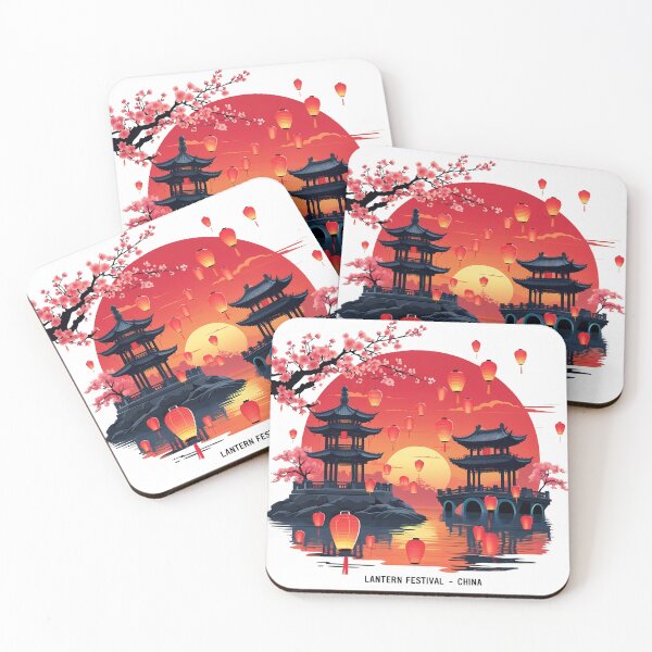Item preview, Lantern Festival – Retro Flat Vector of Chinese Sky Lanterns, Pagoda & Cherry Blossoms | China Celebration Art designed and sold by LoliDesignShop.