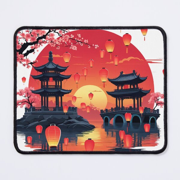 Item preview, Lantern Festival – Retro Flat Vector of Chinese Sky Lanterns, Pagoda & Cherry Blossoms | China Celebration Art designed and sold by LoliDesignShop.