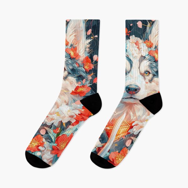 Item preview, Fantasy Animal Samurai Australian Shepherd Dog Clad in Floral Armor with Sword and Blossoms designed and sold by B5fivemerch.