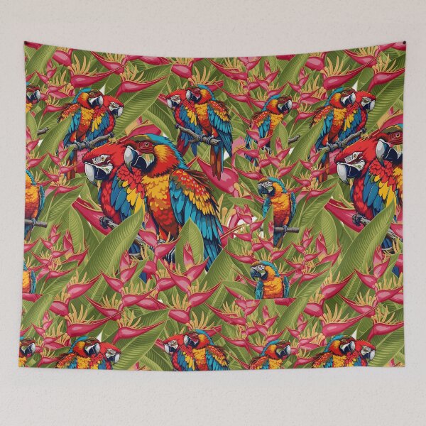 Item preview, Vibrant Macaw Parrot Seamless Pattern, Tropical Heliconia Background designed and sold by Dailyprintstyle.