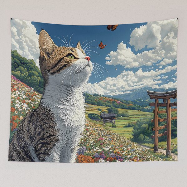 Item preview, Tabby Cat Wildflower Meadow Butterflies Japanese Torii Gate Summer Breeze designed and sold by SuperTeamCanada.