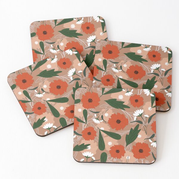 Item preview, Floral pattern red orange flowers with white and leaf on brown  designed and sold by Nonnipa.
