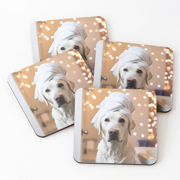 Item preview, White Labrador Dog with Towel on Head After Shower – Relaxed & Cute Pet Design designed and sold by lugillustration.
