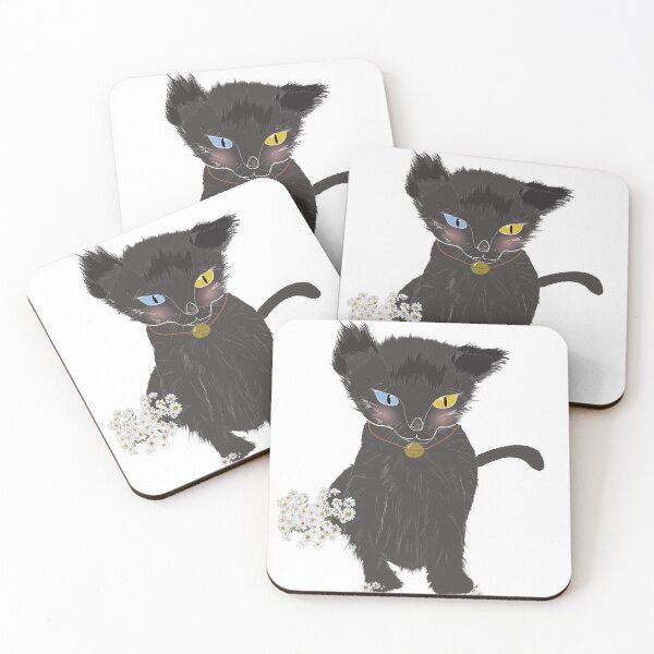 Item preview, Cute Animal Collection Black Kitten with Golden Bell and White Daisy designed and sold by Miza Drops.