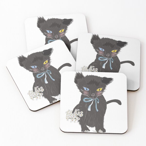 Item preview, Cute Animal Collection Black Kitten with Blue Ribbon and White Daisy designed and sold by Miza Drops.