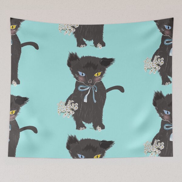 Item preview, Cute Animal Collection Black Kitten with Blue Ribbon and White Daisy designed and sold by Miza Drops.