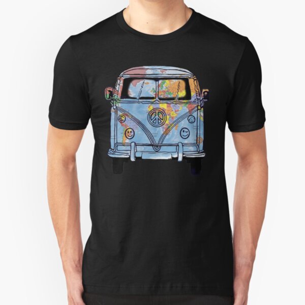 World Traveler Bus Peace Sign Symbol Happy Face Headlights Slim Fit T-Shirt