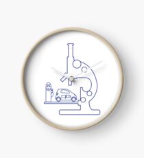 Microscope, electric car, charging station. Clock