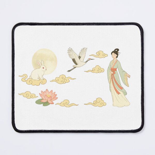 Item preview, Mid autumn festival illustration with woman, rabbit, moon, crane, clouds, lotus, background, AI generated designed and sold by dvoevnore.