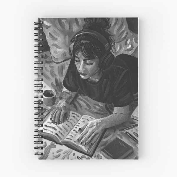 Aperçu de l'œuvre Fille en niveaux de gris lisant au lit – Peinture à l'huile en noir et blanc créée et vendue par CheHojas.